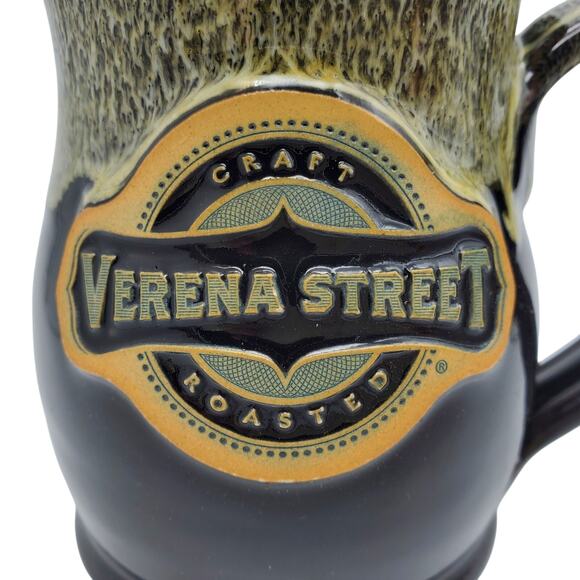 Verena Street Coffee Mug 14oz Deneen Pottery Black Beige Green Drip Glaze Cup - Picture 2 of 10